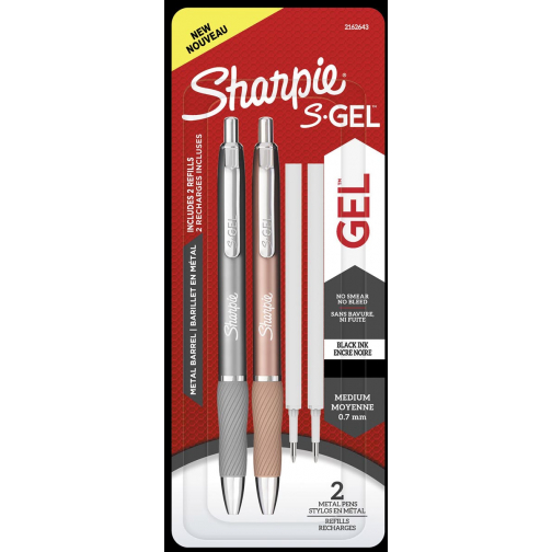 Sharpie S-gel roller, medium punt, zwarte inkt, blister van 2 stuks in metallic kleuren met 2 vullingen