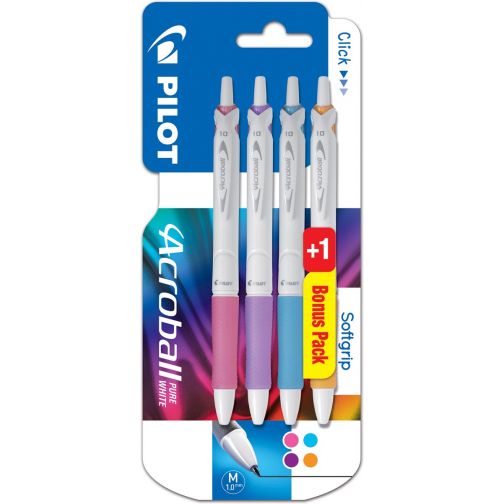 Pilot balpen Acroball Pure White, blister van 3 + 1 gratis, in vrolijke kleuren