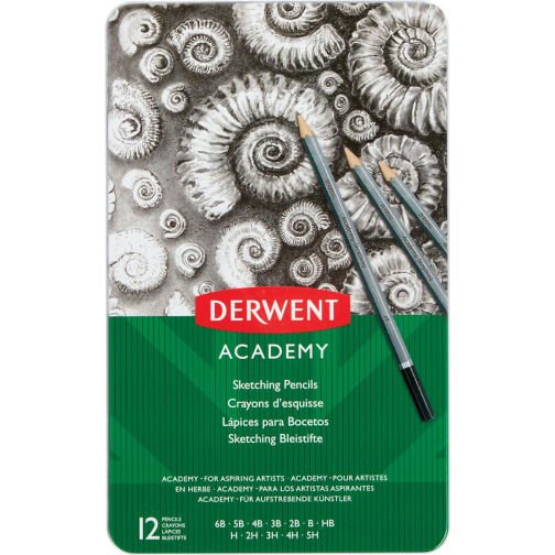 Derwent grafietpotlood Academy, blik van 12 stuks: 6B-5B-4B-3B-2B-B-HB-H-2H-3H-4H-5H