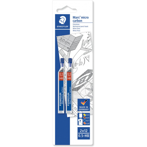 Staedtler Mars micro potloodstiften, 0,5 mm, HB, blister van 2 etuis van 12 stuks