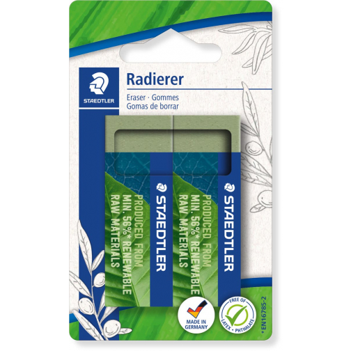 Staedtler gum Eco, olijfgroen, ft 65 x 23 x 13 mm, blister van 2 stuks