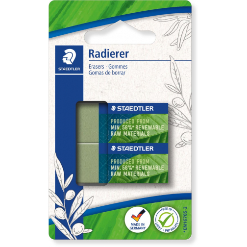 Staedtler gum Eco, olijfgroen, ft 43 x 19 x 13 mm, blister van 2 stuks