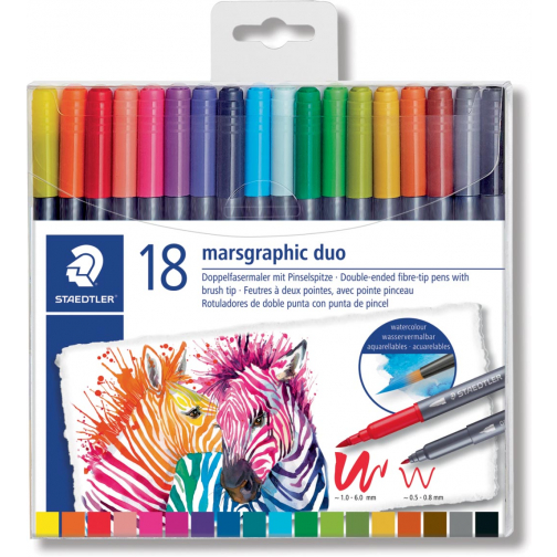 Staedtler brushpen Aquarel duo, doos van 18 stuks in geassorteerde kleuren