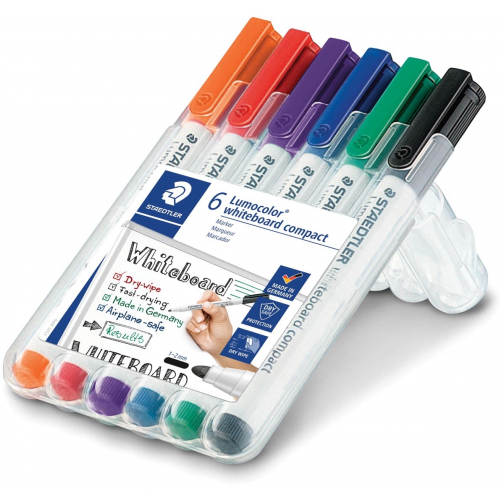 Staedtler whiteboardmarker Lumocolor Compact, opstelbare box met 6 stuks in geassorteerde kleuren