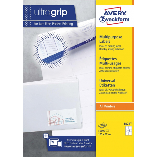 Avery Zweckform 3425, Universele etiketten, Ultragrip, wit, 100 vel, 10 per vel, ft 105 x 57 mm