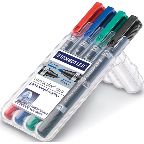 Staedtler Lumocolor Duo 348, permanent marker, doos van 4 stuks in geassorteerde kleuren