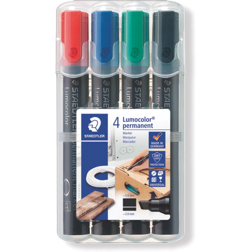 Staedtler Lumocolor 350, permanent marker, schuine punt, 2 - 5 mm, etui van 4 stuks in geassorteerde kleu