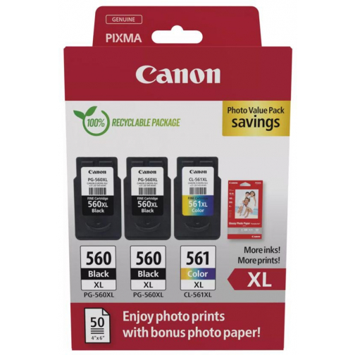 Canon photo value pack 2 x PG-560XL + 1 x CL-561XL, 300 - 400 pagina's, OEM 3712C012, 4 kleuren