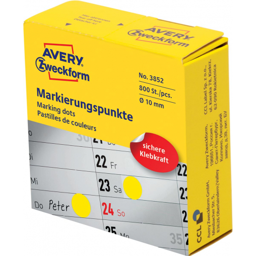 Avery marking dots, diameter 10 mm, rol met 800 stuks, geel