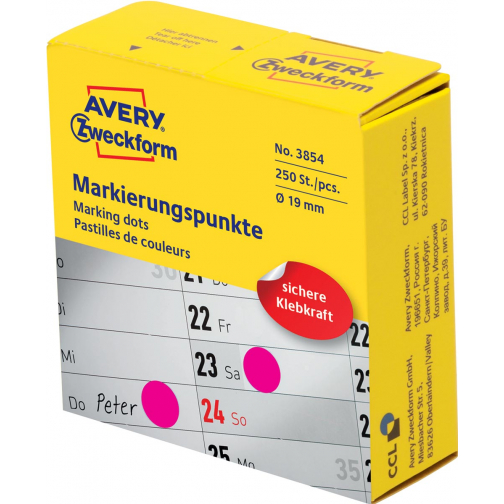 Avery marking dots, diameter 19 mm, rol met 250 stuks, rood