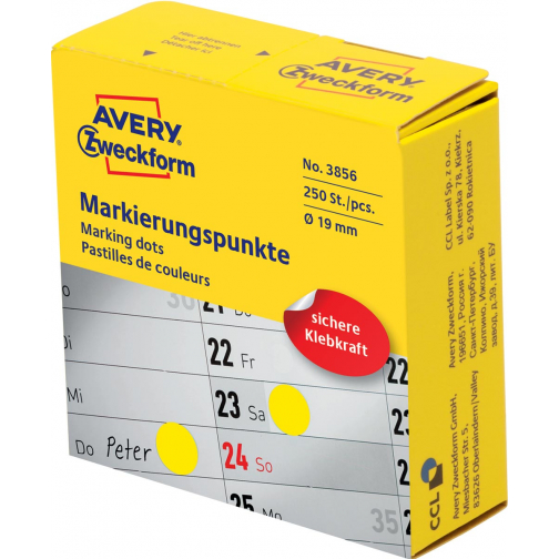 Avery marking dots, diameter 19 mm, rol met 250 stuks, geel