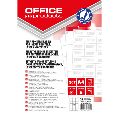 OFFICE products etiketten, wit, rechte hoeken, 100 vel, 70 x 42,3 mm, 21 etiketten per vel
