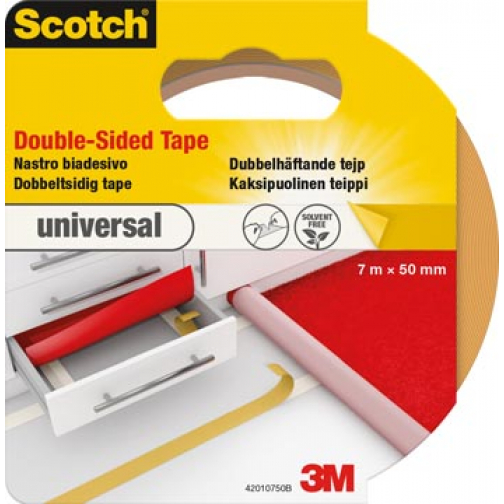 Scotch dubbelzijdige plakband voor tapijt en vinyl Universal, ft 50 mm x 7 m, blisterverpakking