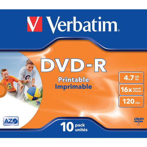 Verbatim DVD recordable DVD-R, printbaar, doos van 10 stuks, individueel verpakt (Jewel Case)