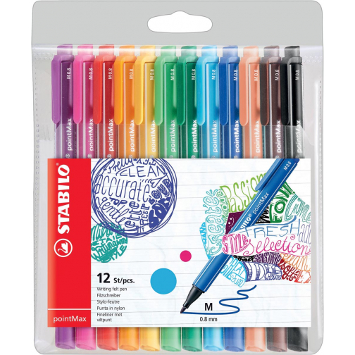 STABILO pointMax schrijfstift, 0,8 mm, etui van 12 stuks in geassorteerde kleuren