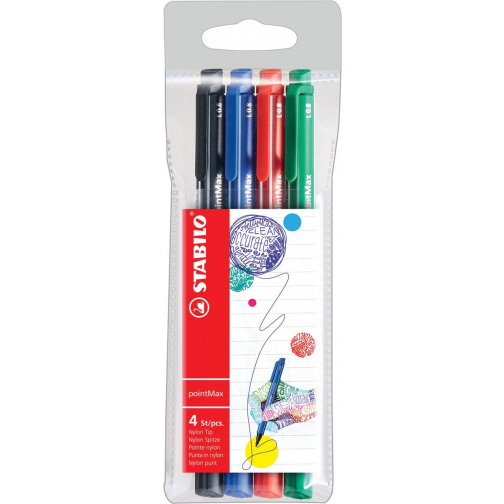 STABILO pointMax schrijfstift, 0,8 mm, etui van 4 stuks in geassorteerde standaard kleuren