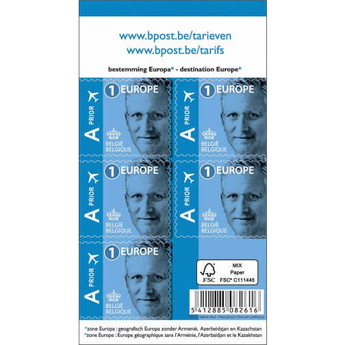 BPost postzegel tarief 1 Europa, Koning Filip, blister van 50 stuks, prior