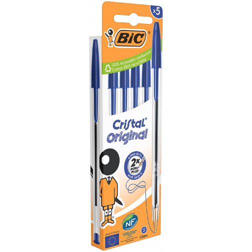 Bic Cristal balpen medium, blauw, blister van 5 stuks