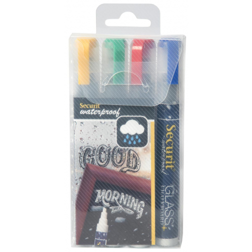 Securit Waterproof krijtmarker medium, blister met 4 stuks in geassorteerde kleuren