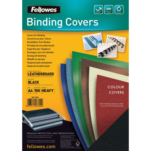 Fellowes omslagen, ft A4, karton lederlook, 250 micron, pak van 100 stuks, zwart