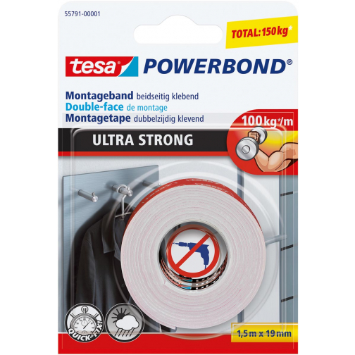Tesa Powerbond montagetape Ultra strong, dubbelzijdig, ft 19 mm x 5 m, wit, op blister