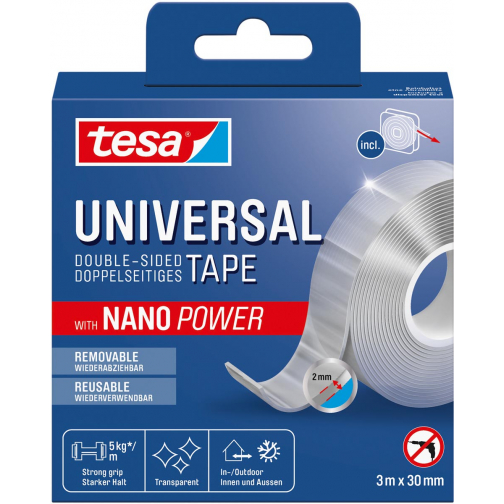 Tesa dubbelzijdige tape Nano Power, ft 3 m x 30 mm, transparant