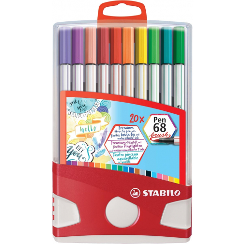 STABILO Pen 68 brush, ColorParade, rood-grijze doos, 20 stuks in geassorteerde kleuren
