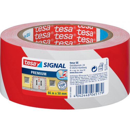 Tesa premium waarschuwingstape, ft 50 mm x 66 m, rood/wit
