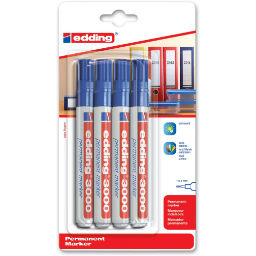 Edding permanent marker 3000, blauw, blister met 4 stuks