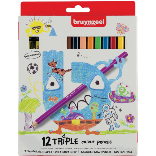 Bruynzeel Kids kleurpotloden Triple, blister van 12 geassorteerde kleuren