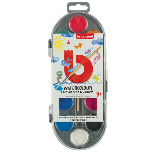 Bruynzeel Kids waterverf, set van 12 geassorteerde kleuren, in ophangbaar doosje