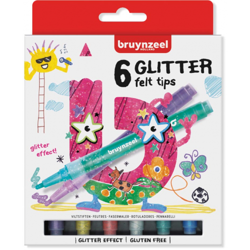 Bruynzeel Kids viltstiften Glitter, set van 6 stuks in geassorteerde kleuren