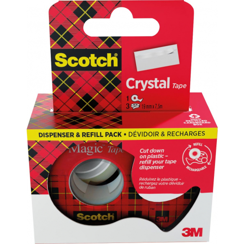 Scotch Crystal Tape plakband ft 19 mm x 7,5 m, dispenser + 3 rolletjes, ophangbaar doosje