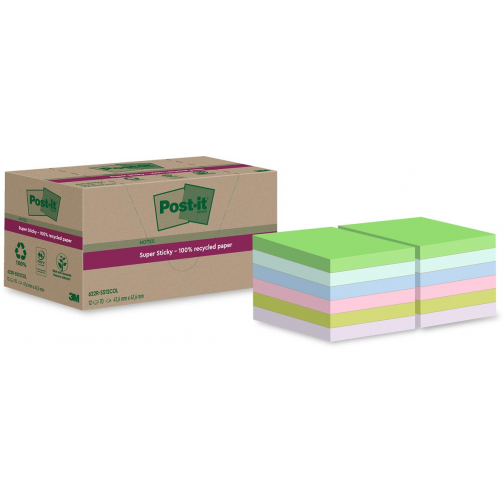 Post-it Super Sticky Notes Recycled, 70 vel, ft 47,6 x 47,6 mm, assorti, pak van 12 blokken