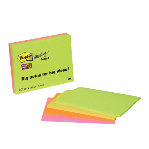 Post-It Super Sticky Meeting notes, 45 vel, ft 101 x 152 mm, geassorteerde kleuren, pak van 4 blokken