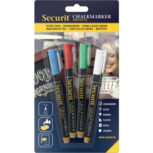 Securit krijtmarker small, blister met 4 stuks in geassorteerde kleuren