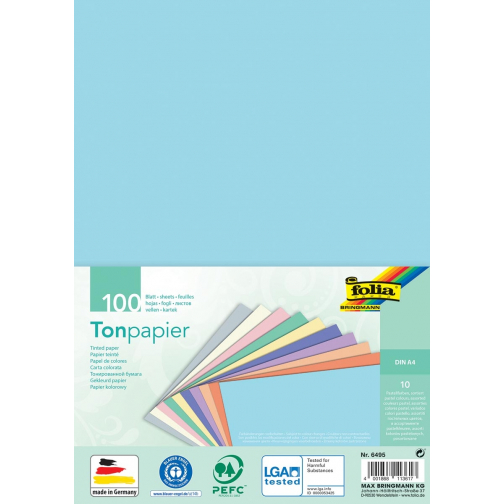 Folia gekleurd tekenpapier, 130 g, ft 21 x 29,7 cm, A4, geassorteerde kleuren, pastel, pak van 100 vel