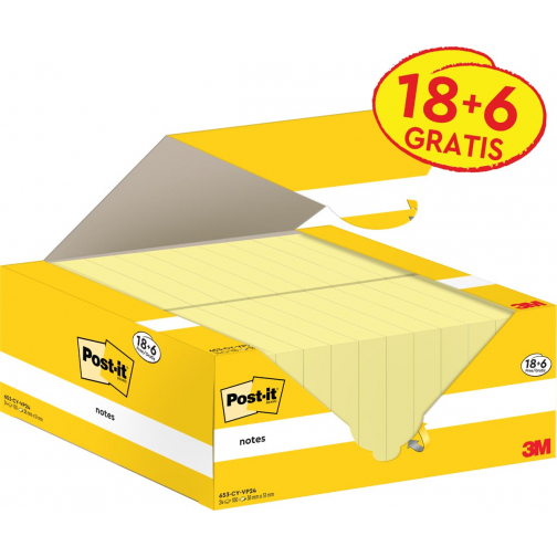 Post-it Notes, 100 vel, ft 38 x 51 mm, kanariegeel (canary yellow), 18 blokken + 6 GRATIS