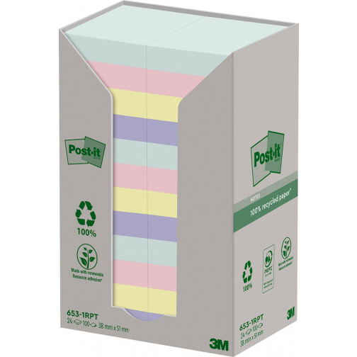 Post-it recycled notes Nature, 100 vel, ft 38 x 51 mm, pak van 24 blokken, geassorteerde kleuren
