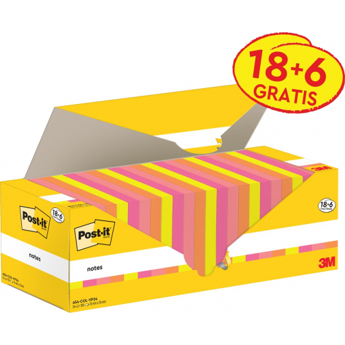 Post-it Notes, 100 vel, ft 76 x 76 mm, assorti, 18 blokken + 6 GRATIS