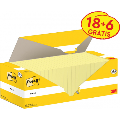Post-it Notes, 100 vel, ft 76 x 76 mm, kanariegeel (canary yellow), 18 blokken + 6 GRATIS