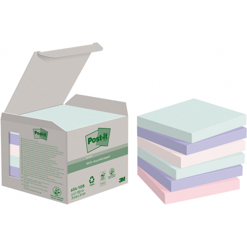 Post-it recycled notes Nature, 100 vel, ft76 x 76 mm, pak van 6 blokken, geassorteerde kleuren