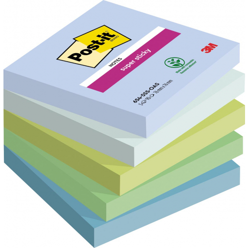 Post-it Super Sticky notes Oasis, 90 vel, ft 76 x 76 mm, geassorteerde kleuren, pak van 5 blokken