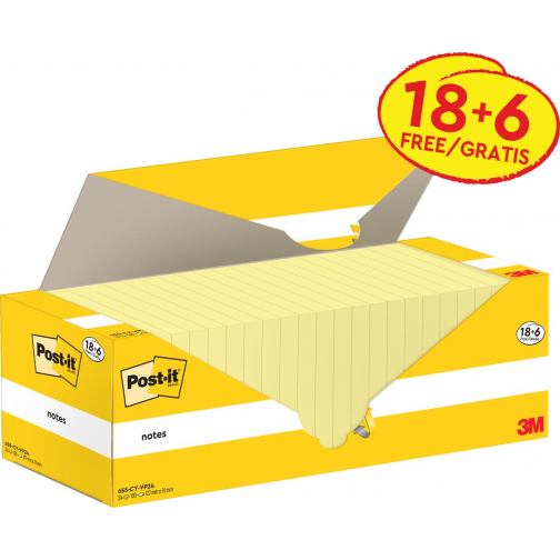 Post-it Notes, 100 vel, ft 76 x 127 mm, kanariegeel (canary yellow), 18 blokken + 6 GRATIS