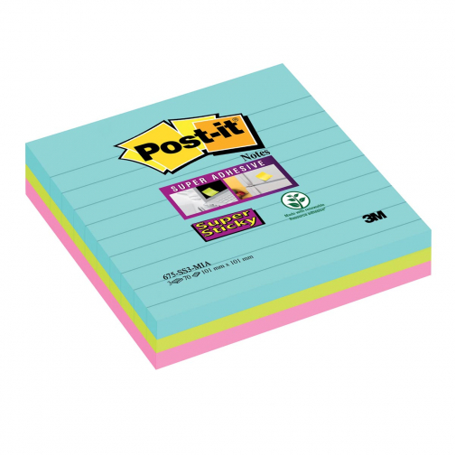 Post-it Super Sticky notes XL Cosmic, 70 vel, ft 101 x 101 mm, gelijnd, geassorteerde kleuren, pak van 3
