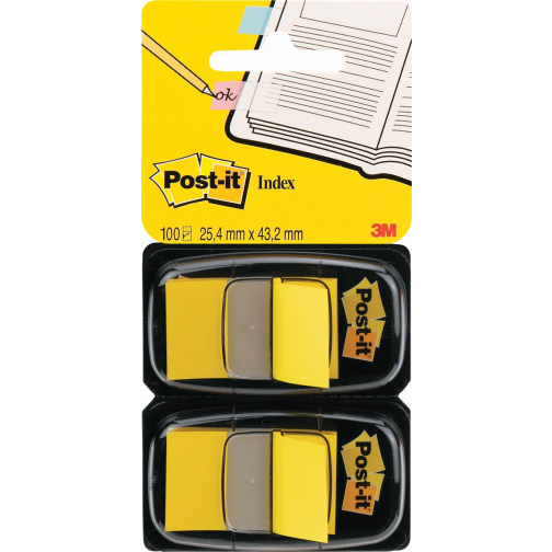 Post-it index standaard, ft 24,4 x 43,2 mm, houder met 2 x 50 tabs, geel