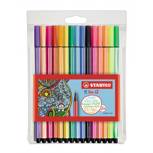 STABILO Pen 68 viltstift, etui van 15 stuks in geassorteerde kleuren