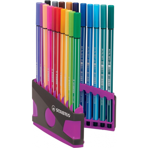 STABILO Pen 68 brush, ColorParade, lila-grijze doos, 20 stuks in geassorteerde kleuren