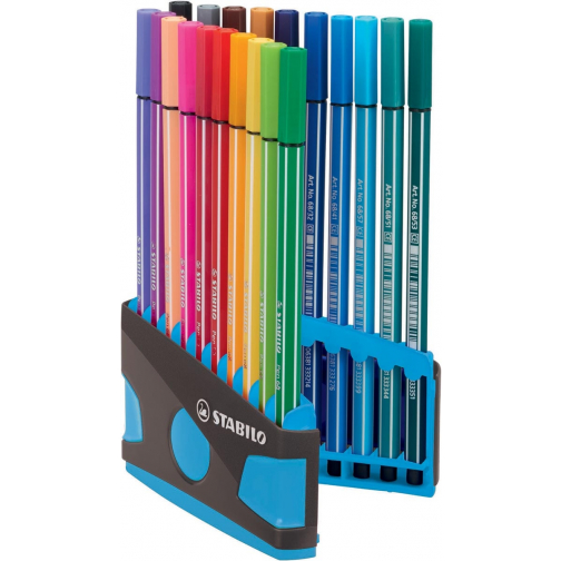 STABILO Pen 68 brush, ColorParade, blauw-grijze doos, 20 stuks in geassorteerde kleuren