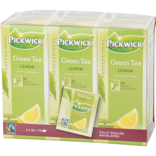 Pickwick thee, groene thee met lemon, fairtrade, pak van 25 zakjes